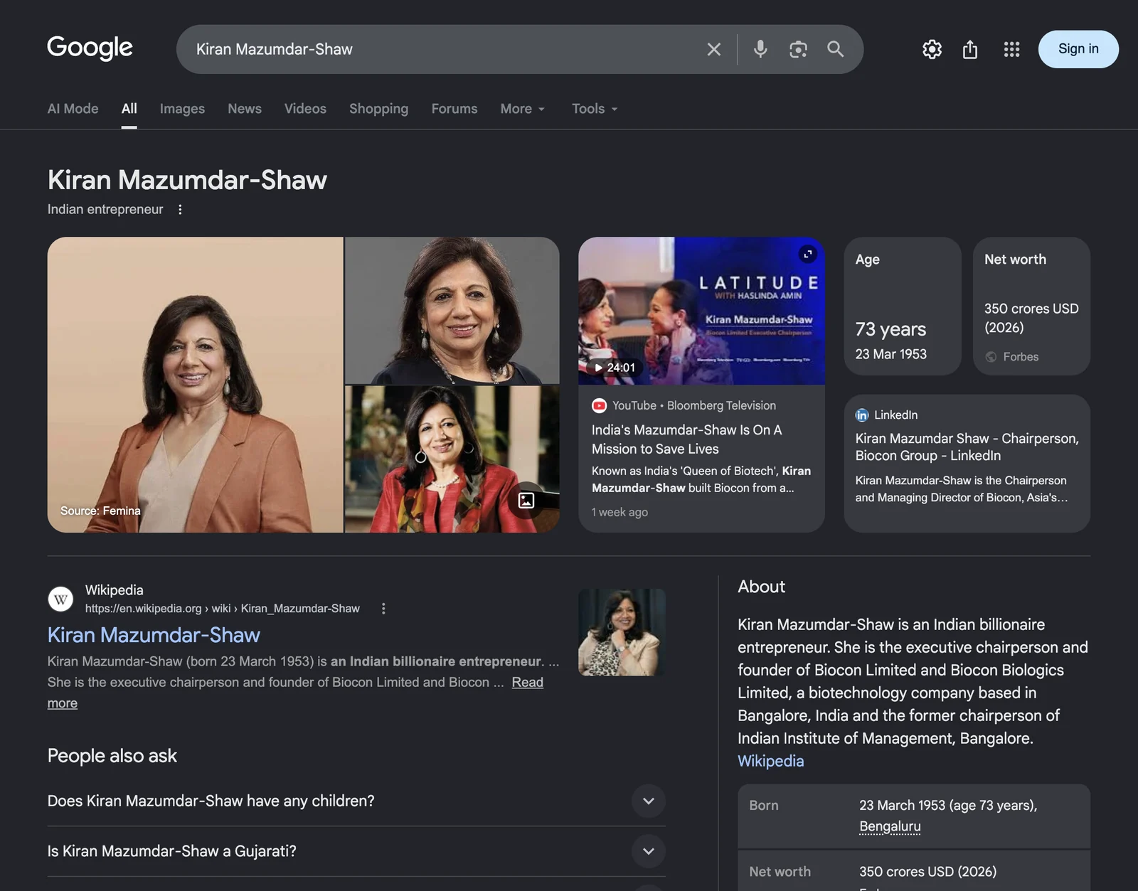 Google search results page for Kiran Mazumdar-Shaw &mdash; Indian entrepreneur