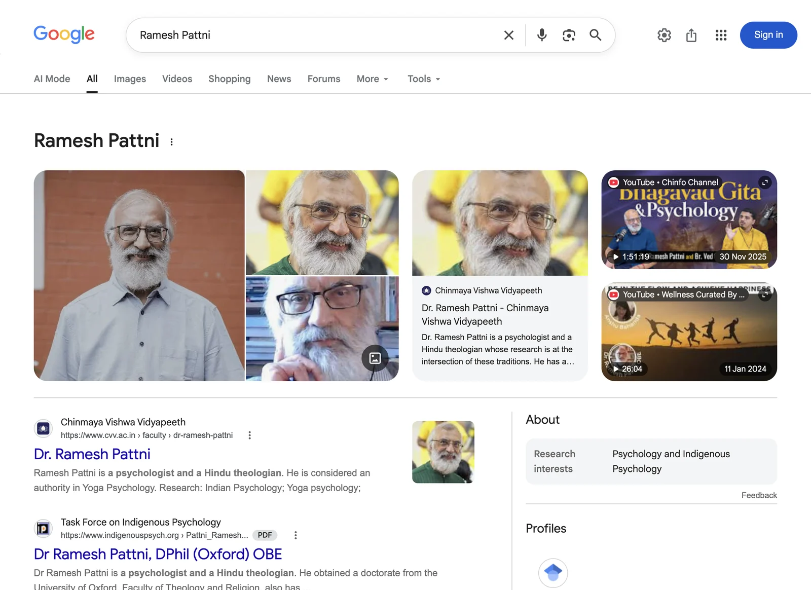 Google search result page for Ramesh Pattni, showing what Google displays for that name