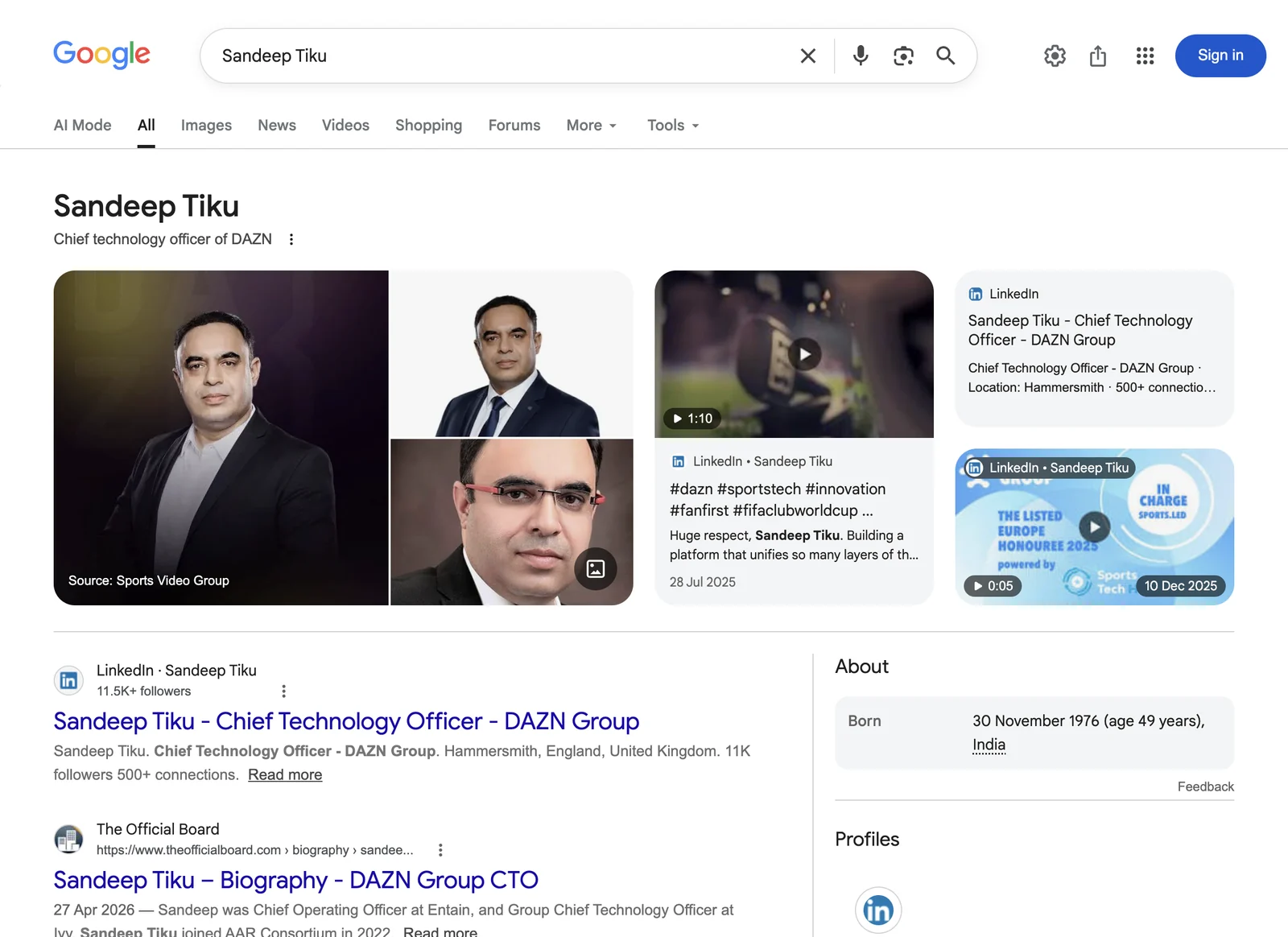 Google search result page for Sandeep Tiku, showing what Google displays for that name